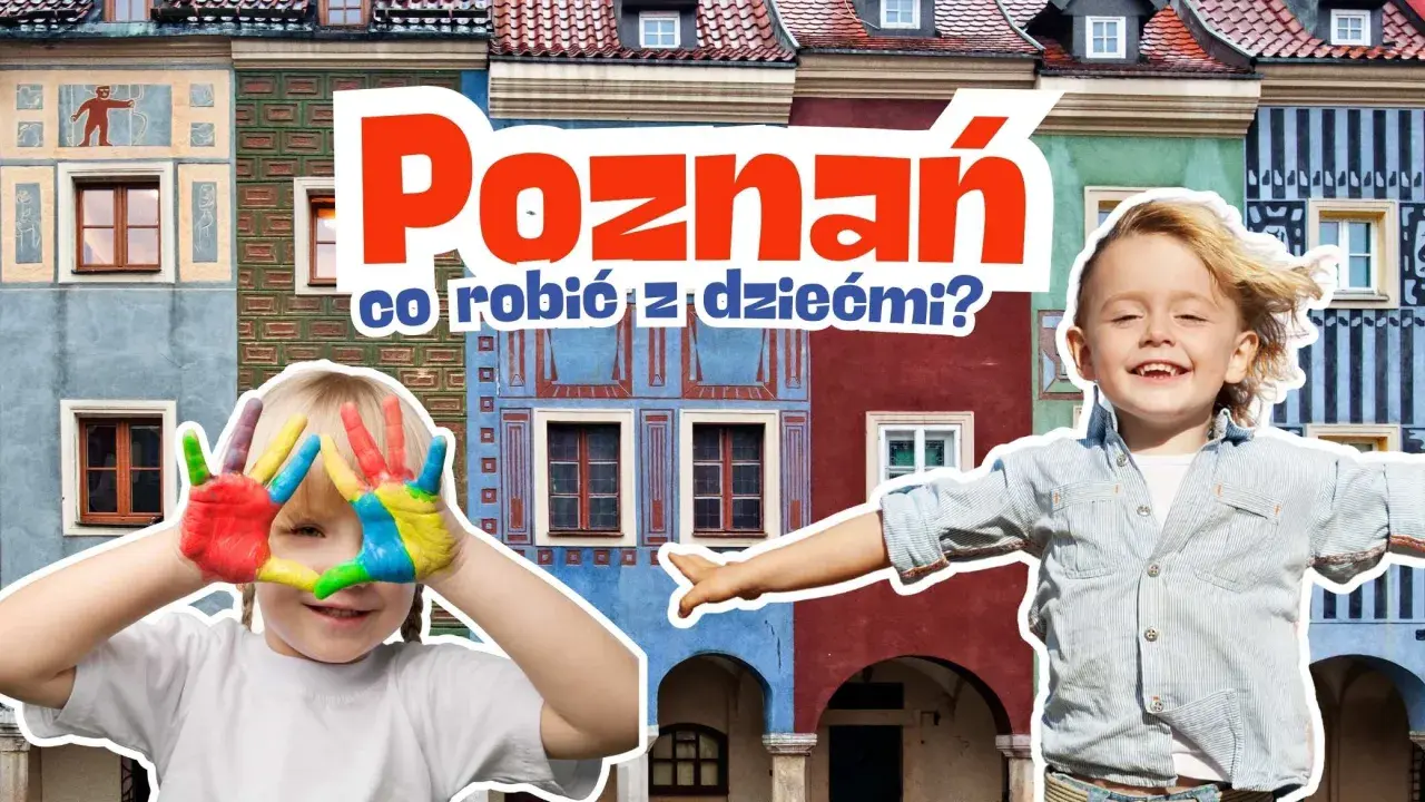 Radosne dzieci malują rękami tęczę na tle kolorowych kamieniczek. Poznań z dziećmi to świetna zabawa!